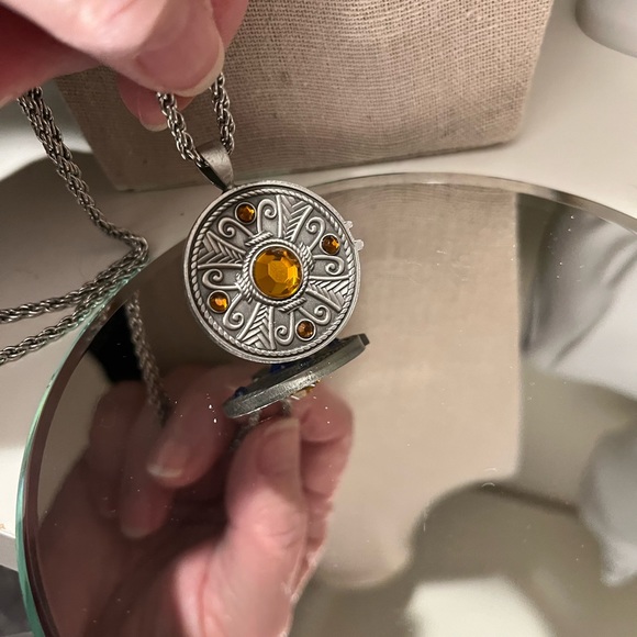 N122 Aztec sun clock reversible silver pendant on a long chain blue and yellow - Picture 6 of 10